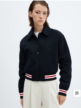 Mango Navy Bomber Jacket with Stripe Trim